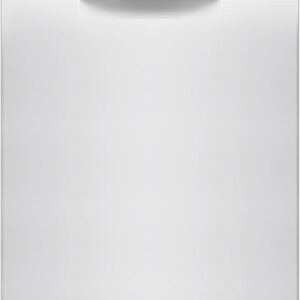 Front view of white Bosch dishwasher with digital control panel and display