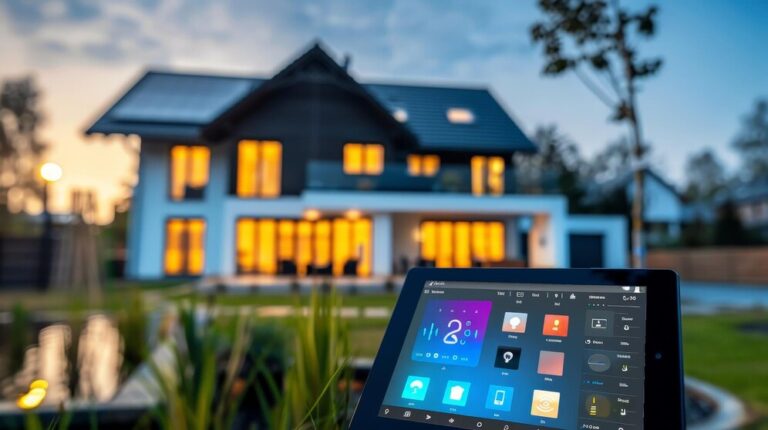 Smart home automation tablet controlling house lighting at dusk, showing digital interface with modern two-story home illuminated with warm lights in background